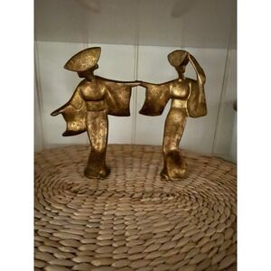 Gilded Cast Iron Pair Of  Mid Century Japanese Geisha Statues; Vintage Abstract
